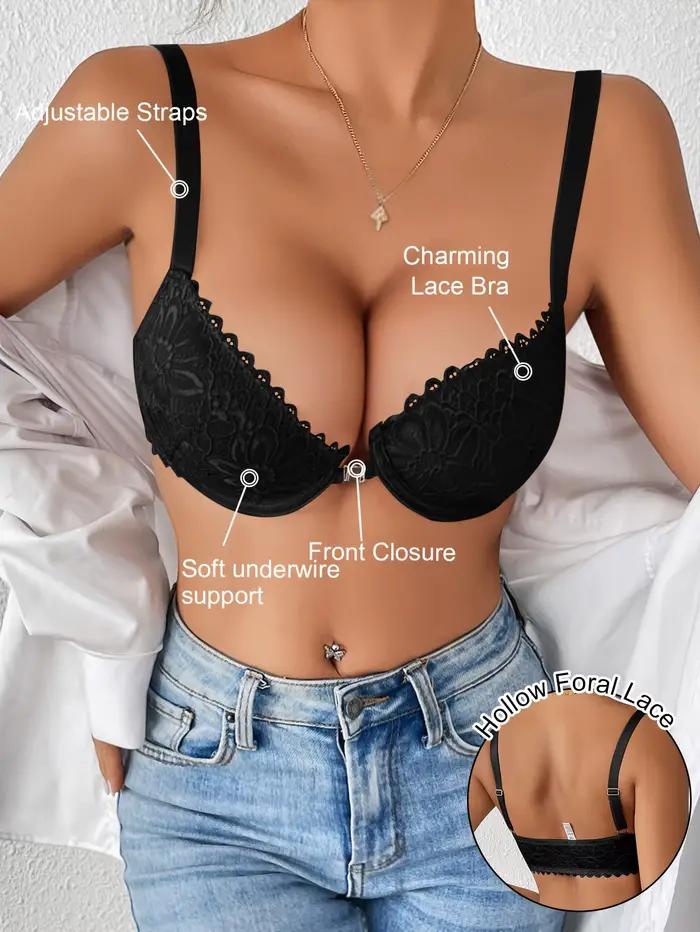 Soutien-gorge push-up en dentelle élégant pour femmes, coussinets non amovibles sans couture, soutien respirant, ajustement confortable avec fermeture frontale, détails en dentelle