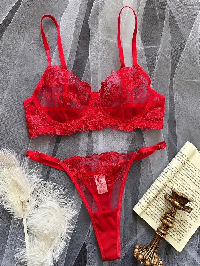 Červené sexy body Lingerie pre ženy čipka priesvitné spodné prádlo víla výšivka krátke súpravy jemná podprsenka
