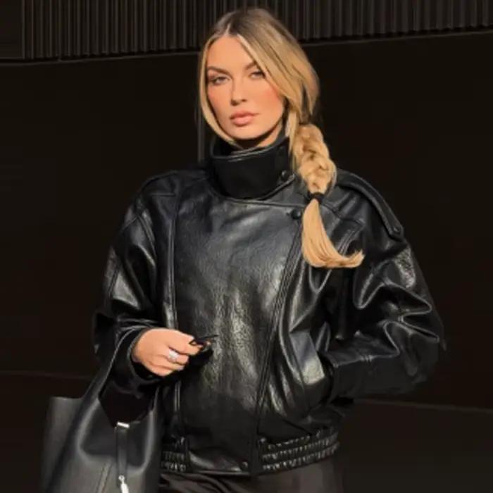 HXAO Novinka Dámska Bomber Bunda z Čiernej Kože Strihaná Oversized Vonkajšie Oblečenie so Zipsom