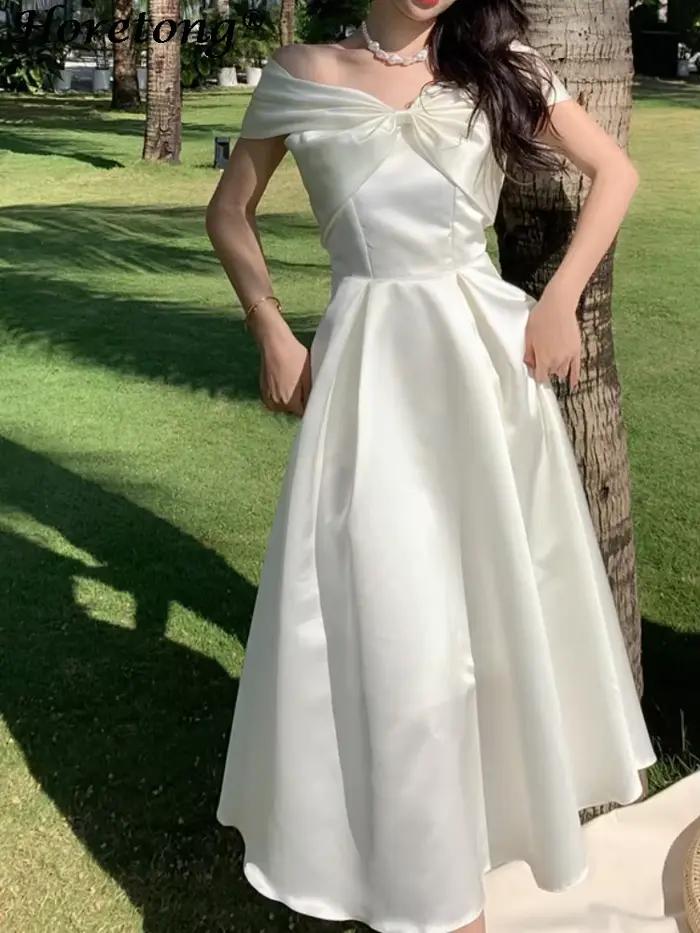 Horetong mašlička výstrih šaty Sexy leto ženy víla biela elegantná áčková línia midi