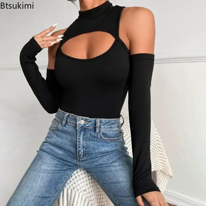 Combinaison sexy ajourée à manches longues et épaules dénudées pour femme, couleur unie, col semi-montant, vêtement de base tendance 2026