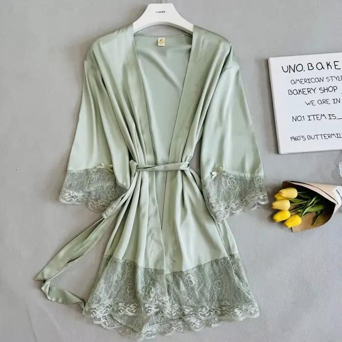Robe de matin de mariée blanche, ourlet en dentelle, peignoir, Kimono, vêtements de nuit élégants, col en v, Lingerie intime en Satin