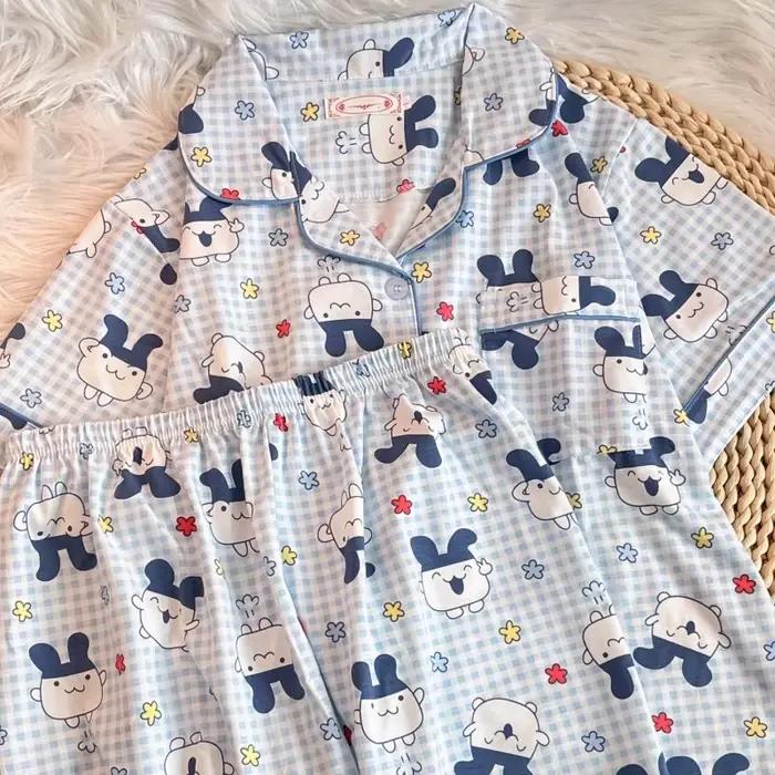Ensemble pyjama imprimé Tamagotchi – Vêtements de nuit d'été en coton à manches courtes pour femmes (Shorts et haut de nuit mignons de dessin animé)