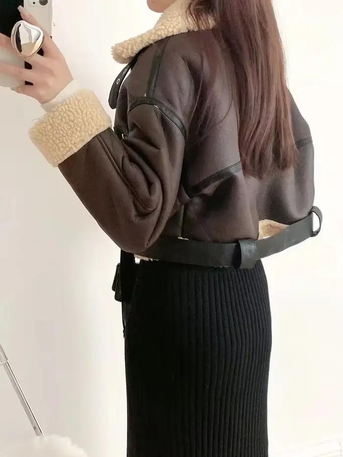 Ailegogo zimná dámska streetwear bunda z umelej jahňacej kožušiny s opaskom Moto Biker hrubý teplý kabát