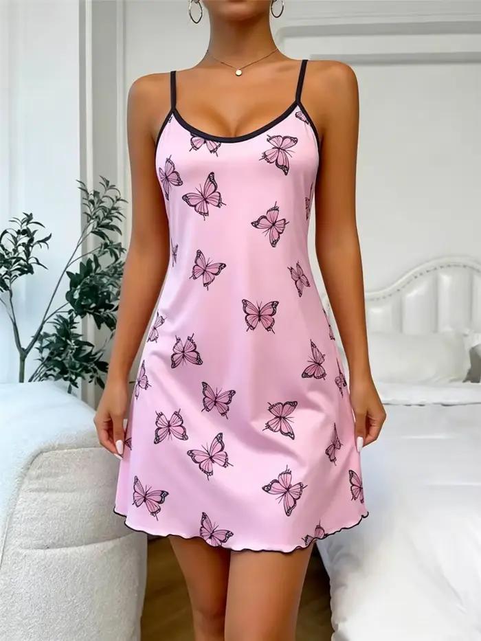 Nouvelle chemise de nuit tendance à imprimé papillon pour femme, nuisette noire à étoiles, bretelles fines, vêtement de nuit mignon et branché, très populaire