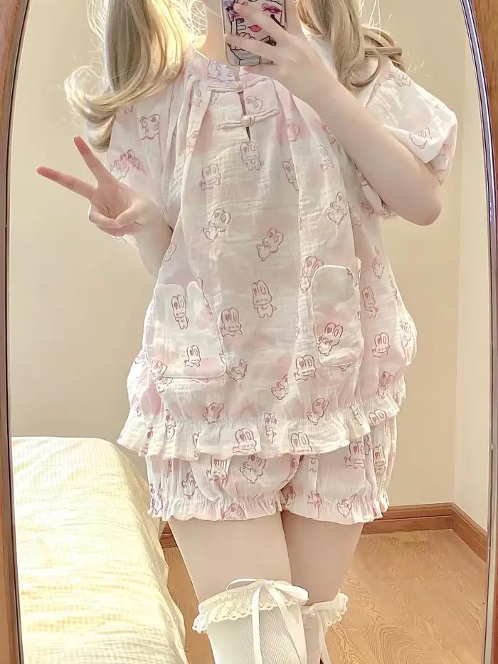Kawaii Lolita Style lapin imprimé pyjamas ensemble Girly mignon à manches courtes hauts Shorts costume femmes décontracté princesse Homewear Pijama ABDL