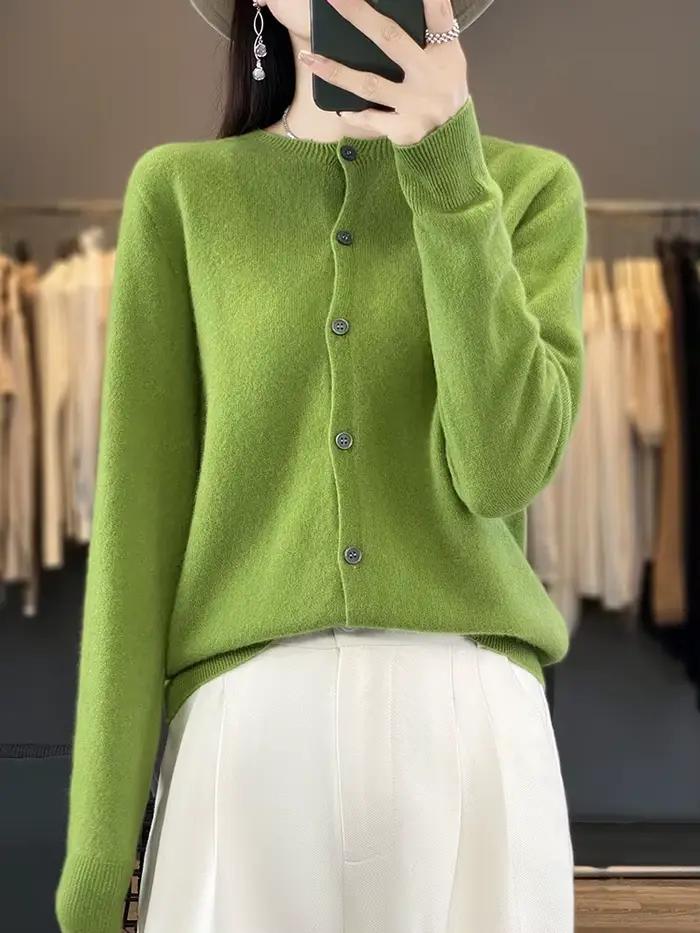 100% merino vlna pulóver pre ženy okrúhly výstrih Cardigan základný štýl gombíkový úplet pre