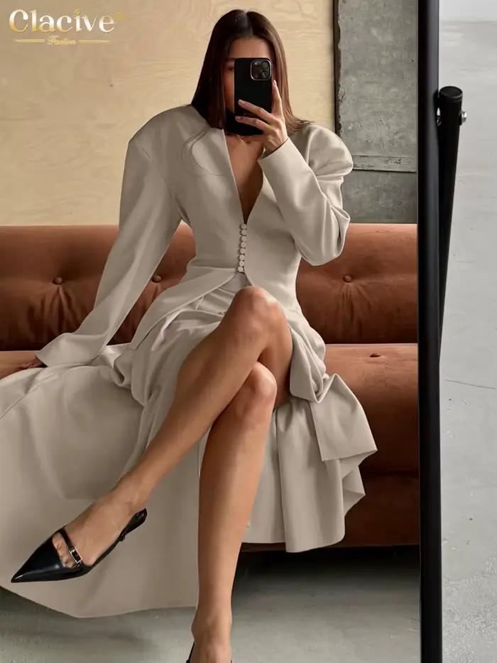 Clacive voľný khaki dvojdielny set pre ženy do kancelárie 2025 elegantná košeľa s dlhými rukávmi s vysokým pásom a rozparkom