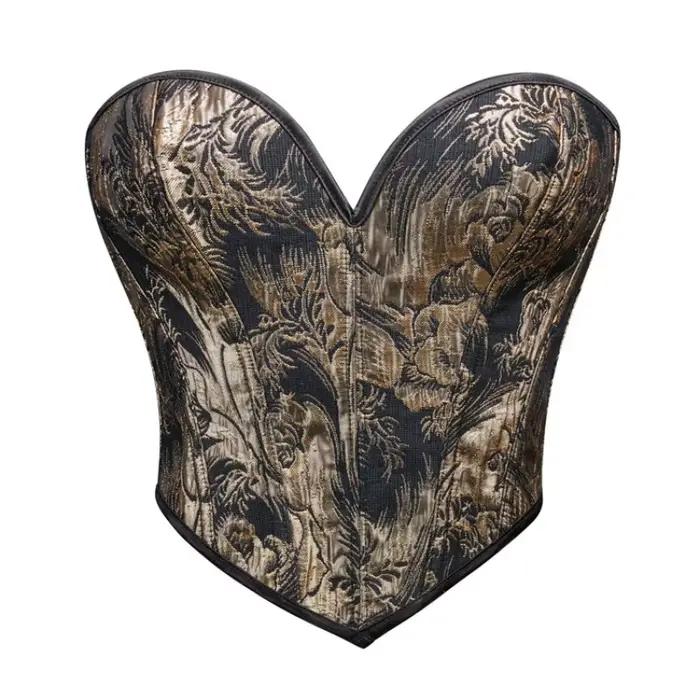 Corset court sexy pour femme, style médiéval vintage, imprimé floral, à lacets, bustier sculptant, pour torse court, noir et or, mode Korsett