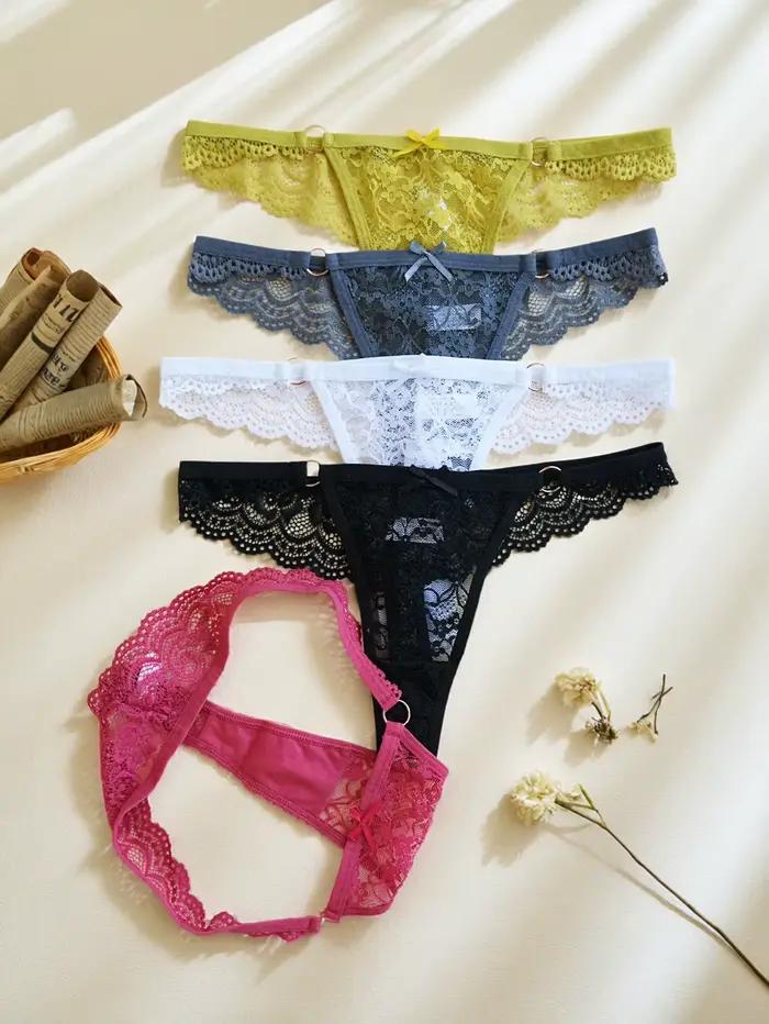 Lot de 5 culottes en dentelle pour femmes, élégantes et confortables, taille basse, strings sexy de couleur unie