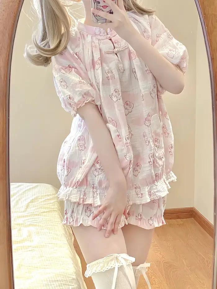 Kawaii Lolita Style lapin imprimé pyjamas ensemble Girly mignon à manches courtes hauts Shorts costume femmes décontracté princesse Homewear Pijama ABDL