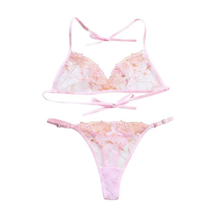 Francúzsky sexy čipkovaný erotický set z vyšívanej sieťoviny 2-dielna lingerie pre ženy s odhaleným výstrihom podprsenka a tangá
