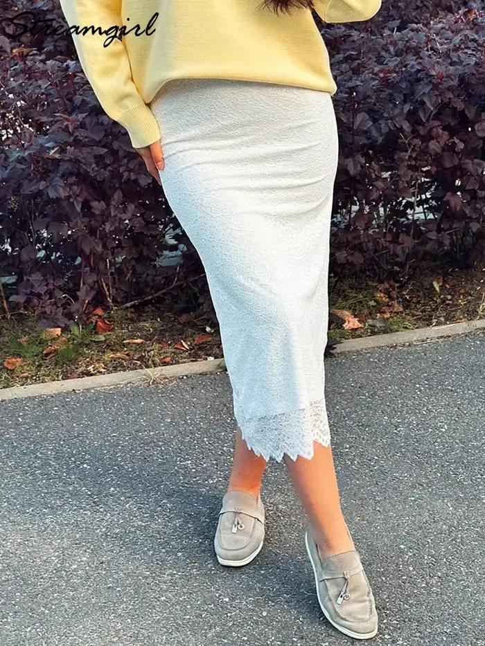 Jupe en dentelle blanche Maxi moulante femmes été tenue de bureau jupes formelles élégantes avec dentelle dame taille élastique dentelle jupe noire longue