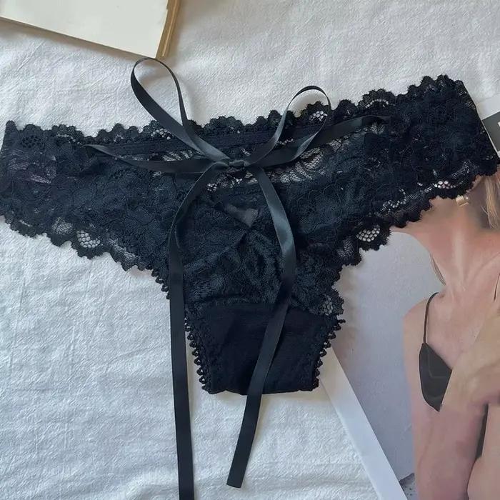 Culottes en dentelle à nœud de style français, culottes sans couture à taille basse avec lacets, culottes transparentes en dentelle et résille pour fille