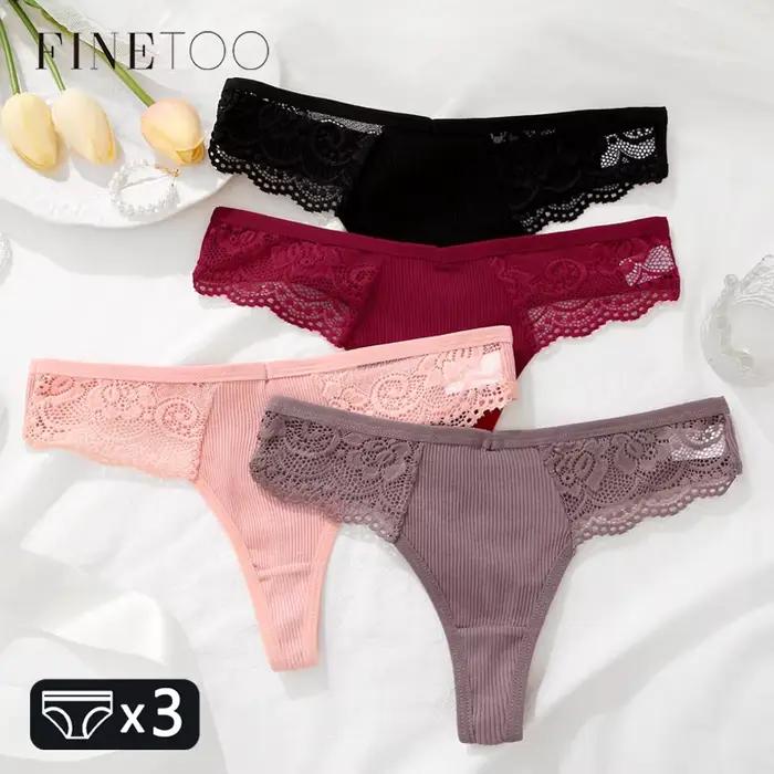 Ensemble de lingerie en coton tricoté orné de dentelle fleur, 3 pièces, taille basse, string, lingerie féminine élégante et sexy