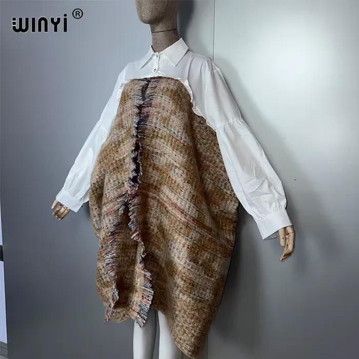 WINYI zimný elegantný luxusný kabát voľný strih teplý ženský cardigan pončo plášť