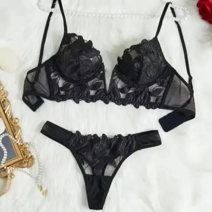Ensemble de lingerie féerique florale Saint-Valentin : Culotte séduisante, nuisette sexy, ensemble de lingerie fantaisie en V pour femme, soutien-gorge transparent