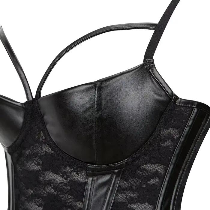Corset en cuir et dentelle pour femme, haut rembourré, bretelles réglables, soutien-gorge de style punk, bustier push up, lingerie sexy, amincissant, spoeur de corps
