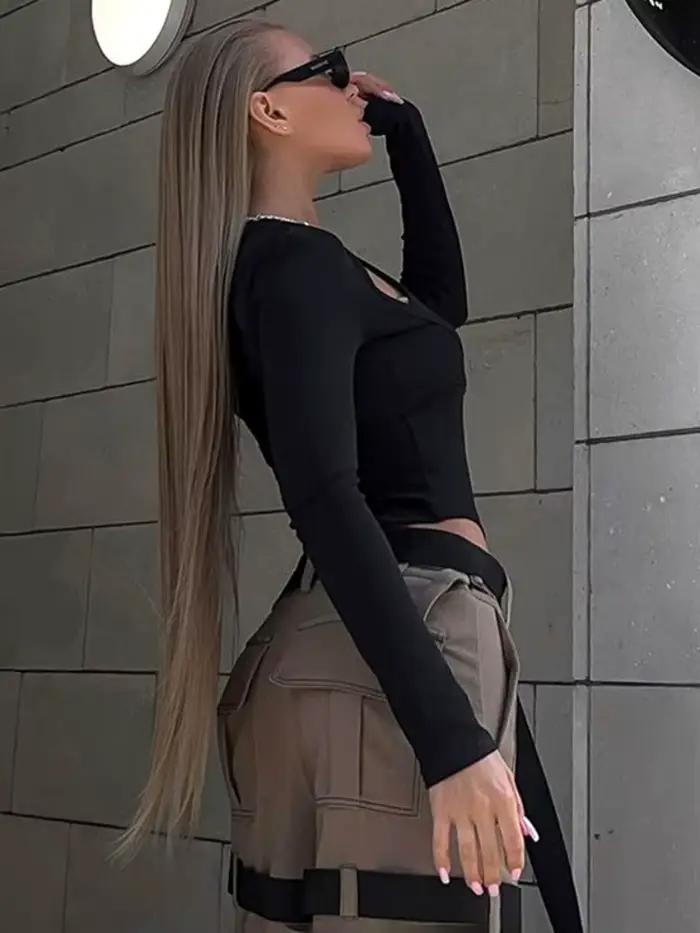 Body Sexy solide Lingeire faux deux pièces à manches longues corps Feminino boucle une pièce Rave tenues moulante Lenceria Femenina