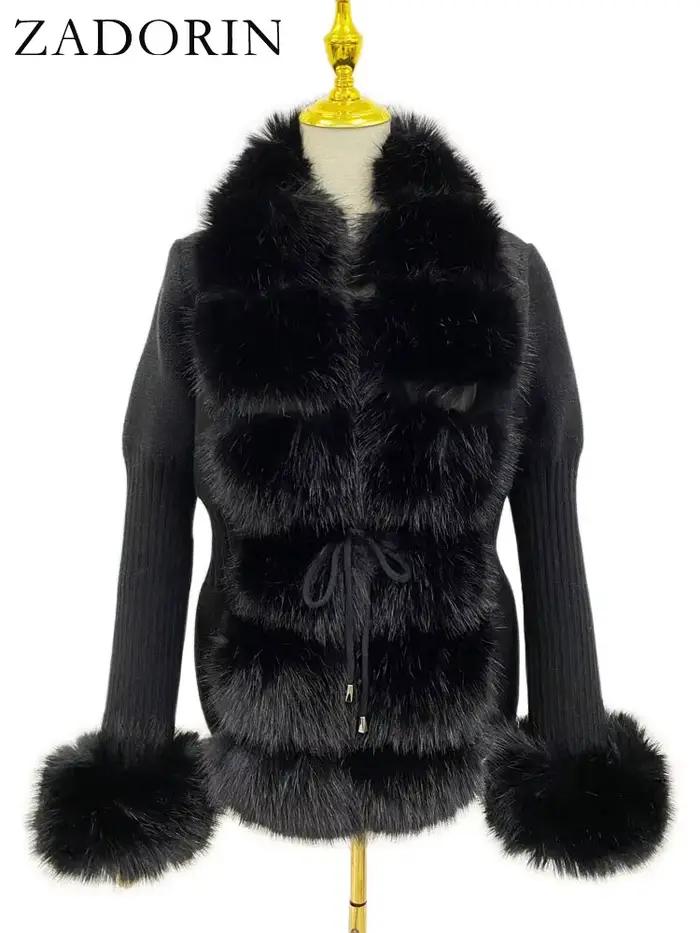 ZADORIN luxusný kožušinový cardigan pletený zimný sveter pre ženy elegantná odnímateľná kožušina opasok biela ružová
