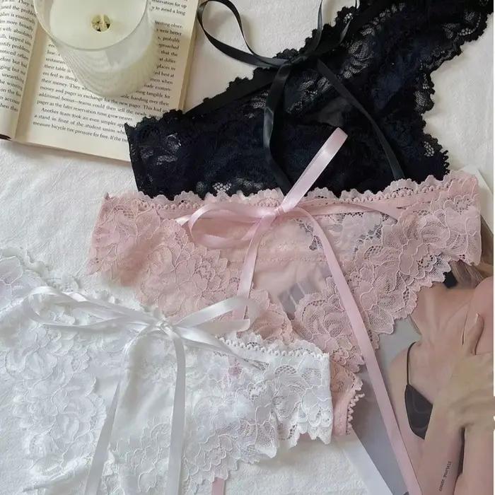 Culottes en dentelle à nœud de style français, culottes sans couture à taille basse avec lacets, culottes transparentes en dentelle et résille pour fille