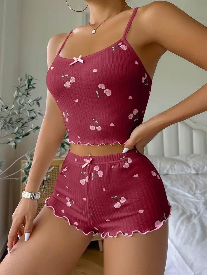 Ensemble pyjama à imprimé cœur pour femme, haut court et short confortables, col rond, dos nu, nœud décoratif, vêtements de nuit d'été