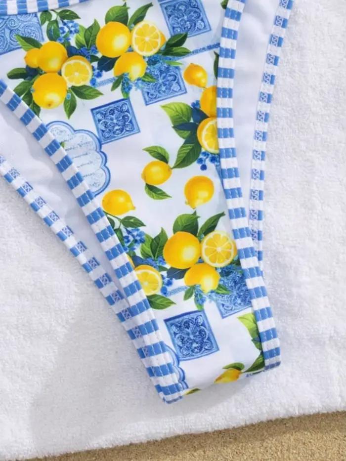 Sexy bleu ciel fruits imprimé Micro Bikini 2026 femmes brésilien plissé soutien-gorge Push Up creux string maillot de bain plage maillot de bain maillots de bain