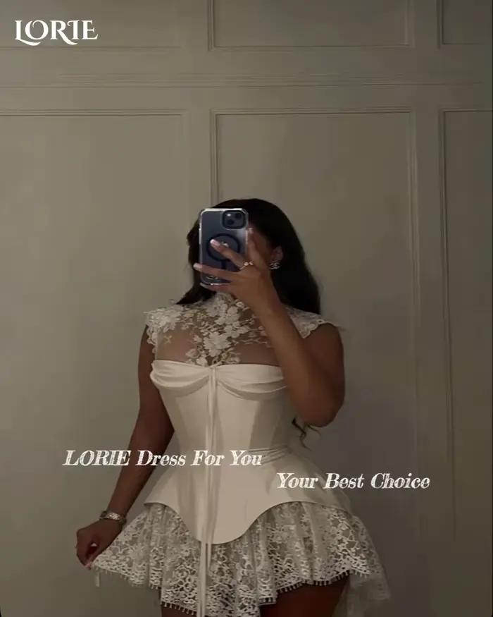 LORIE – Mini robes de mariée sexy en dentelle, col haut, appliques, manches longues, robes de mariée moulantes au-dessus du genou, personnalisées
