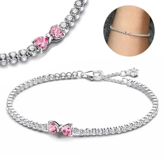 2025 Valentínsky nový 925 strieborný ružový oblúk plný diamant Náramok Originál 17-20CM nastaviteľné DIY prívesok pre ženy