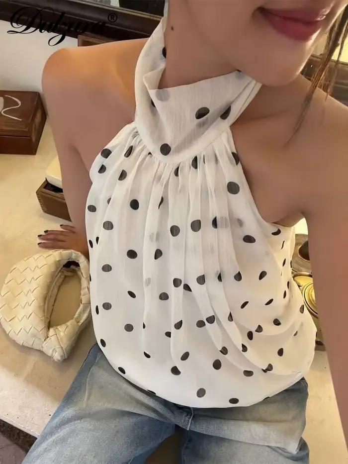Dulzura Bezramienkový Top Bez Rukávov S Odhaleným Chrbtom S Tenkými Šnúrkami S Bodkovaným Vzorom Z Hodvábneho Šifónu Sexy Elegantný Neformálny Y2K