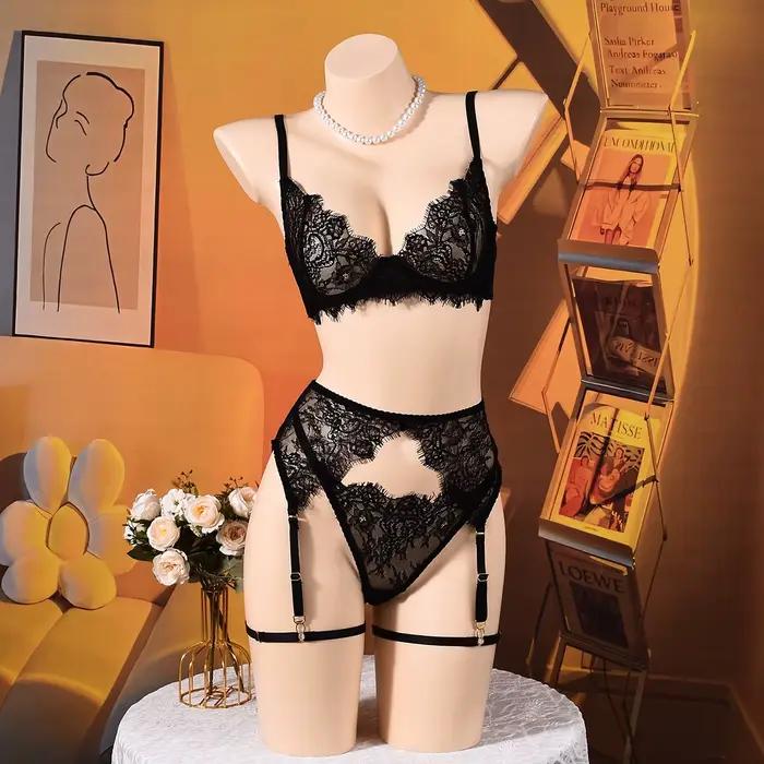 Ellolace Lingerie Solide Sexy et Élégante, Ensemble 3 Pièces avec Soutien-Gorge, Ceinture, String et Jarretelles, Sous-vêtements en Dentelle Séduisants et Mignons