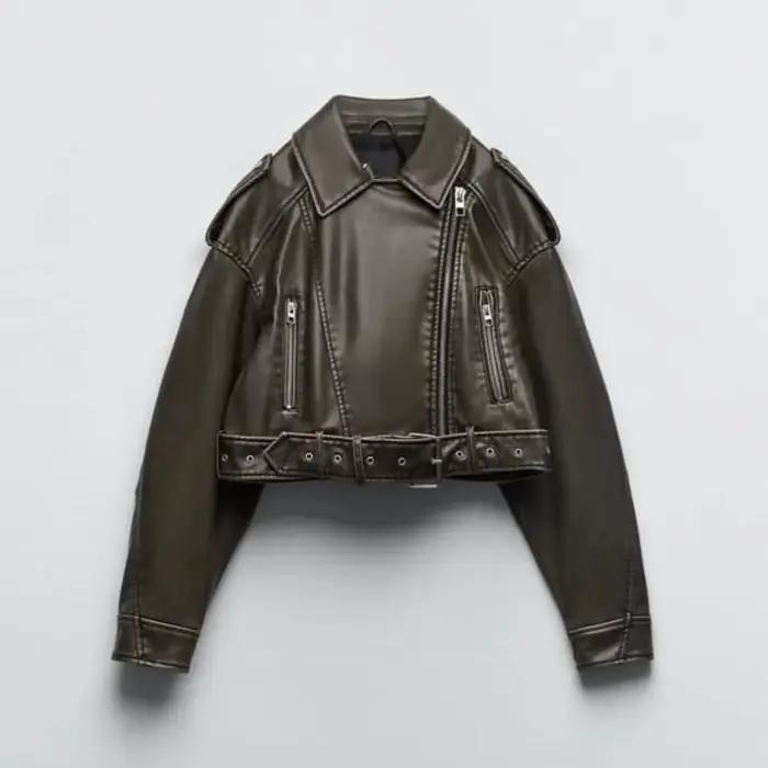 Dámska vintage voľne strihaná umelá kožená bunda krátka streetwear so zipsom a opaskom retro moto biker kabát