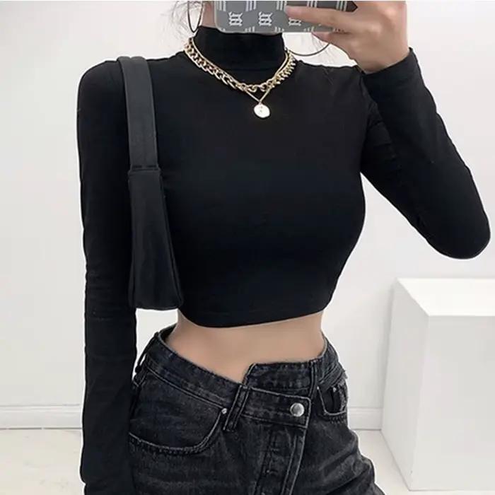Y2K ženy Sexy Harajuku otvorený chrbát Tričko s dlhým rukávom strihaný top letný čierny oblečenie Vintage dutý T-s