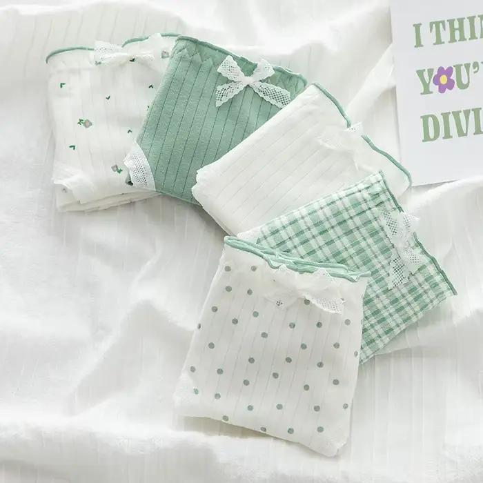 Sous-vêtements confortables en coton pour femmes, culottes respirantes, intimes, taille moyenne, couleur verte, à rayures, mignonnes, pour filles