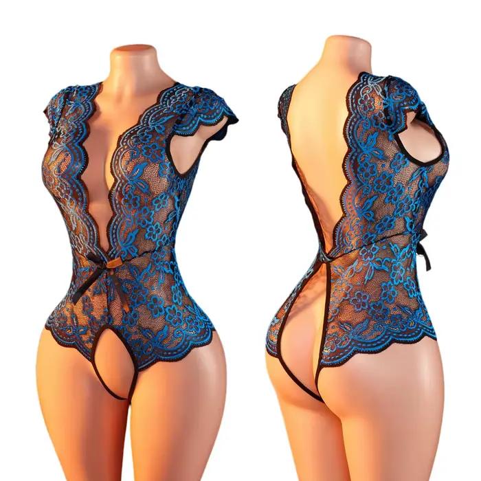 Nouvelle Lingerie Érotique Femme : Babydoll Body en Dentelle Transparente Bleu d'Été à Manches Courtes, Dos Nu, Décolleté Plongeant, Style Pyjama