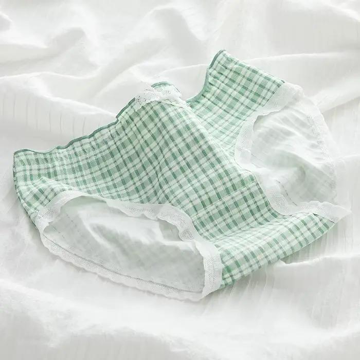 Sous-vêtements confortables en coton pour femmes, culottes respirantes, intimes, taille moyenne, couleur verte, à rayures, mignonnes, pour filles