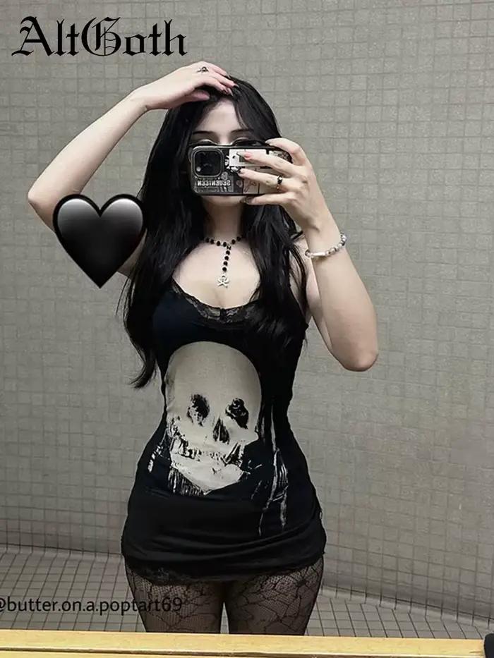 Cyber Punk gotické šaty pre ženy Streetwear Harajuku potlač lebky bez rukávov vysoký pás priliehavé