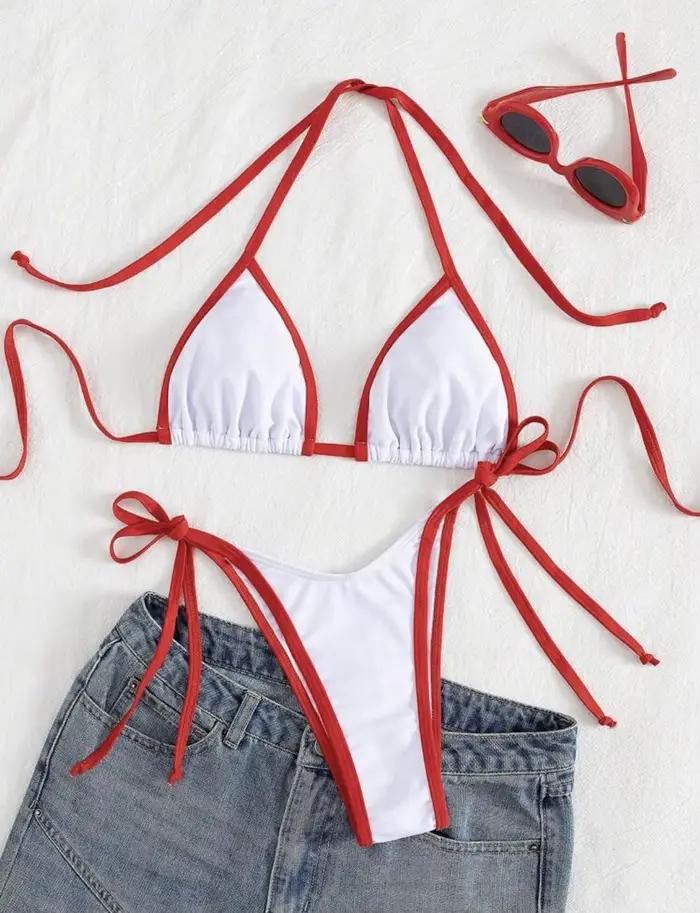 Sexy béžový kontrastný bikini set 2025 ženy lano push up podprsenka kravata bok tanga plavky leto