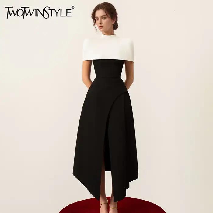 TWOTWINSTYLE odnímateľný plášť elegantné šaty pre ženy so štvorcovým výstrihom bez rukávov s vysokým pásom a rozparkom