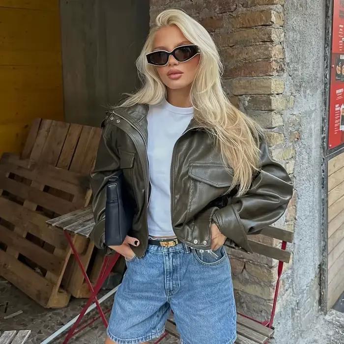 MUJER Umelá koža Strihaná bunda ženy Bomber Polosezónne bundy pre