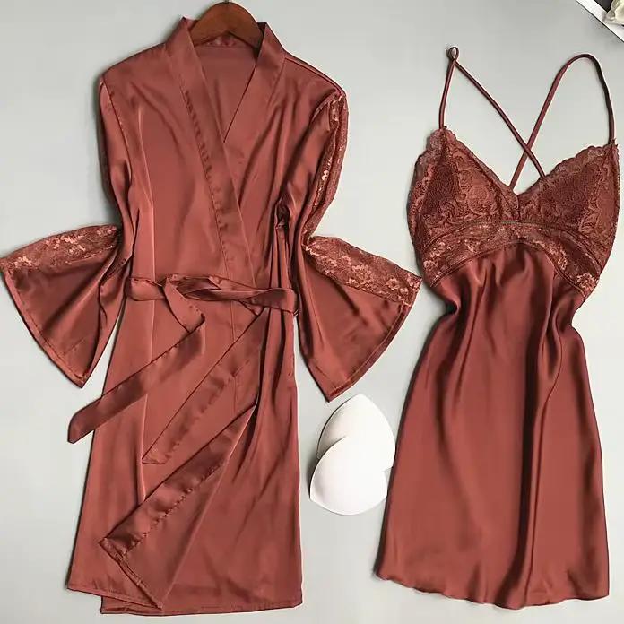 Ensemble de vêtements de nuit en Satin pour femmes, 2 pièces, Robe de mariée blanche, demoiselle d'honneur, garniture en dentelle, vêtements de nuit Sexy pour femmes, peignoir décontracté, vêtements d