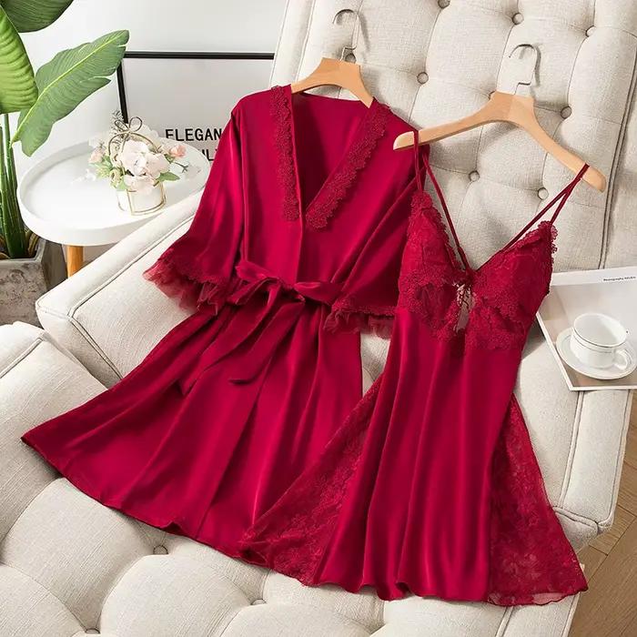 2 pièces Kimono Robe ensemble femmes Satin vêtements de nuit chemise de nuit Sexy décontracté vêtements de maison Lingerie intime dentelle peignoir Robe