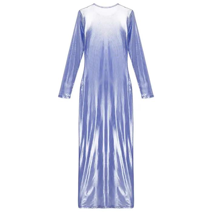 Robe de plage longue transparente pour femmes, Sexy, métallique brillant, manches longues, couleur unie, maille, Costumes de soirée, Clubwear