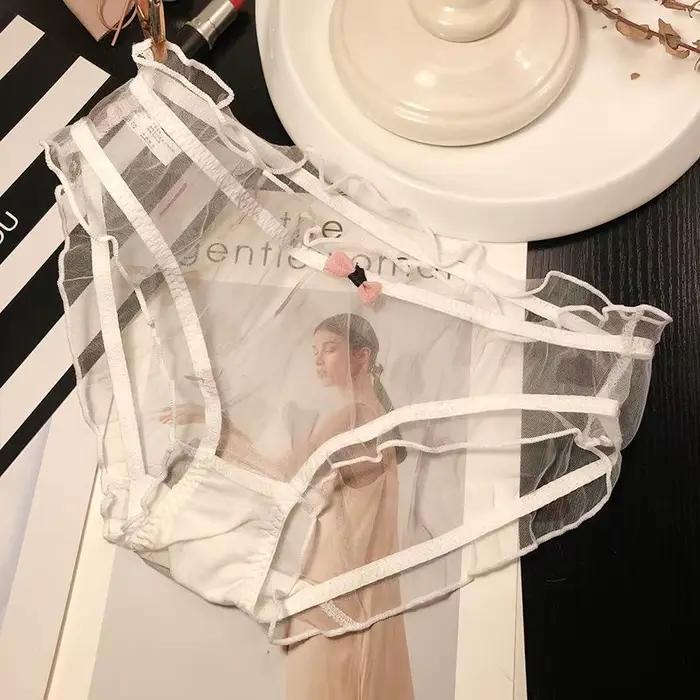 Ženy Sexy priesvitné ružové nohavičky s mašľou bavlnený klin slipy žena sieťovaná spodná bielizeň priedušná vlnitý okraj duté tangá