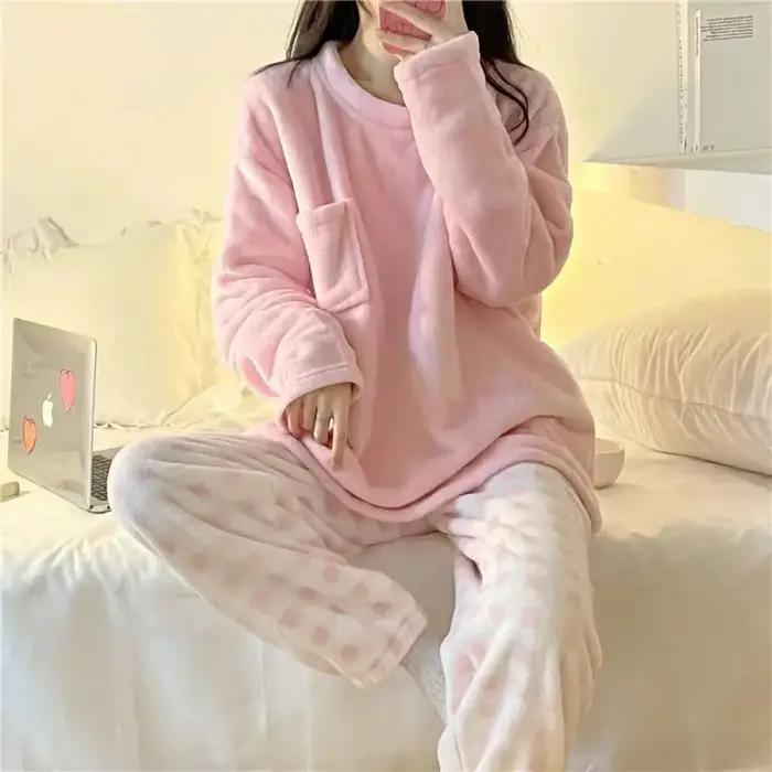 Ensemble pyjama en molleton épais et chaud pour femme, vêtements de nuit d'hiver, haut rigide et pantalon à carreaux, doux, costume de maison