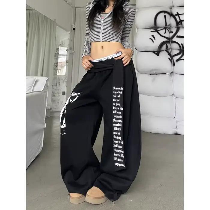 ZHIZOU dámske sivé gotické Baggy Y2k písmená potlač nohavice Harajuku 2000s Vintage oversized