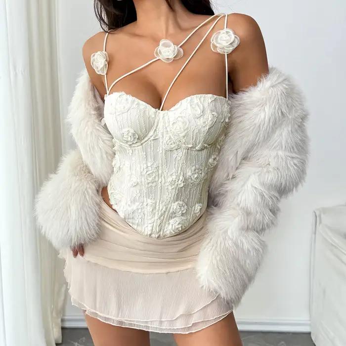 Corset chic pour femme en dentelle 3D rose crème, bretelles spaghetti croisées, bustier pour streetwear et clubwear