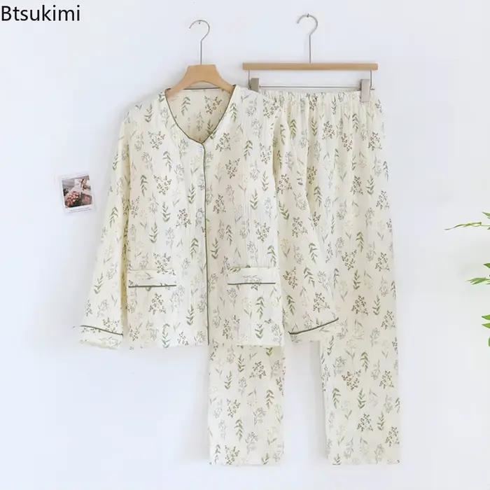 Pyjama d'été 2026 coton pour femmes, imprimé floral, pour la maison, vêtements de nuit, printemps et automne, 100%