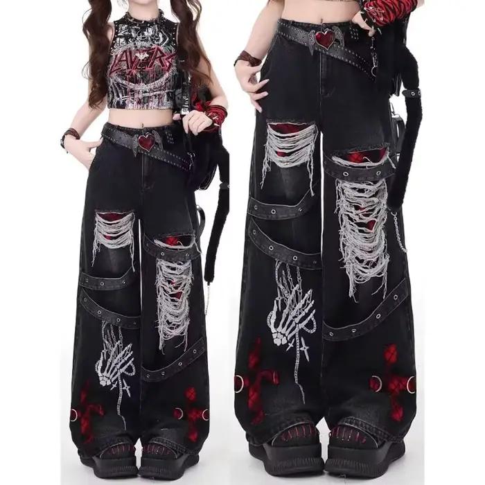 Americký štýl pikantné dievča voľné lenivé a uvoľnené džínsy žena punk retro prané módne všestranné nohavice