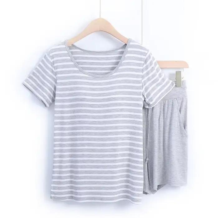 Pyjama rayé Modal pour femmes avec bonnets ensemble deux pièces été Pijama Adulto Feminino vêtements 2025 pyjamas de nuit